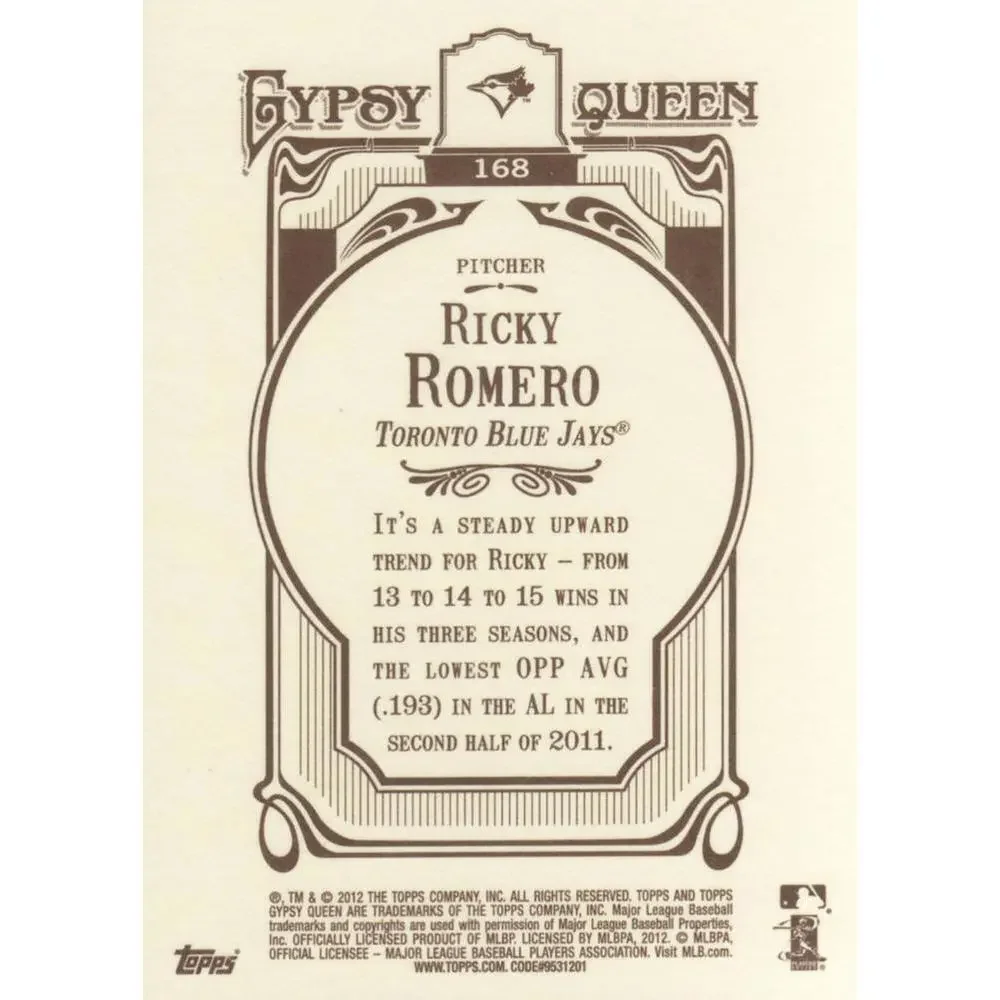 2012 Topps Gypsy Queen Ricky Romero # 168 Toronto Blue Jays